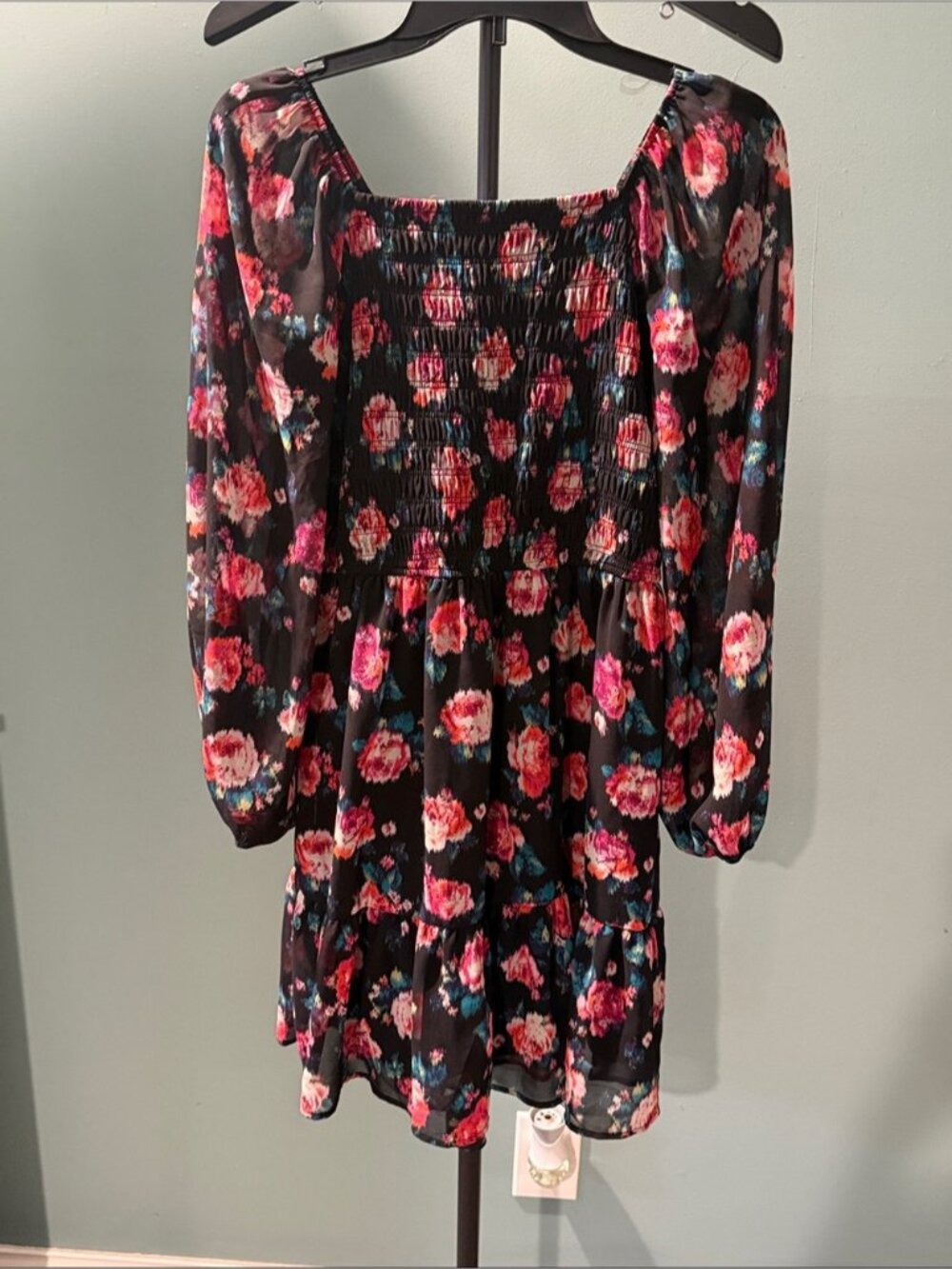 Floral Smocked Long-Sleeve Dress - Black with Pink Flowers